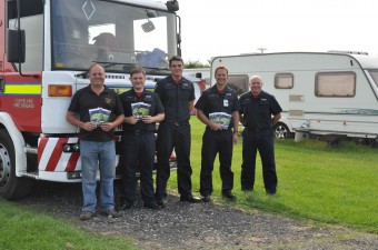 Mark Ashton of Ashfield Caravan Park, Dalton Piercy (extreme left) is pictured with Cleveland firefighters (from l-r) Darren Brookes, Michael Taylor, Watch Manager Andy Robinson and John Piggford.