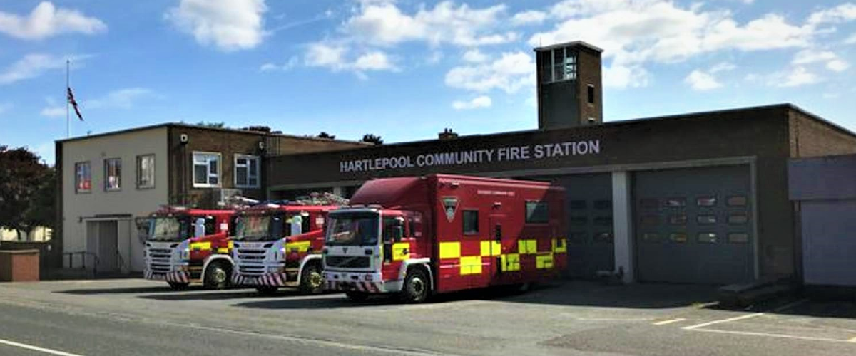 Outside of Hartlepool community fire station with fire engines