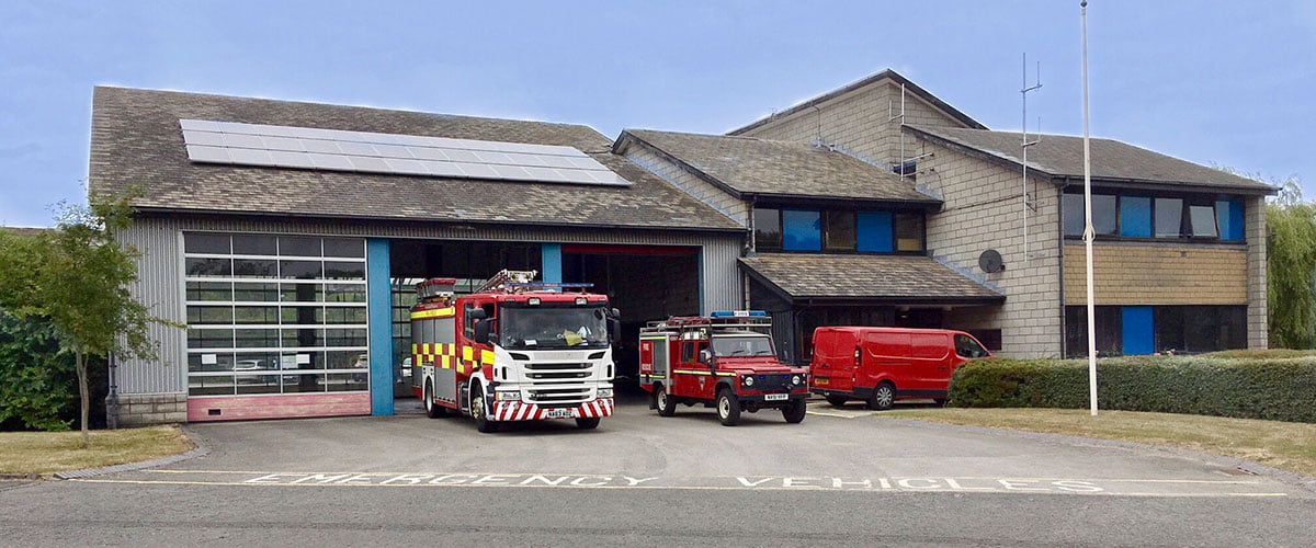 Outside of Coulby Newham Fire Station with fire engines and vehicles