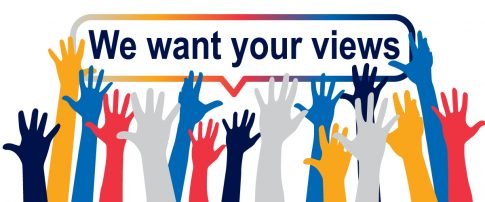 An illustration of lots of hands up in the air and the words 'We want your views'