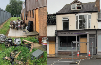 burnt beer kegs and hairdressers shop front showing damage following fire