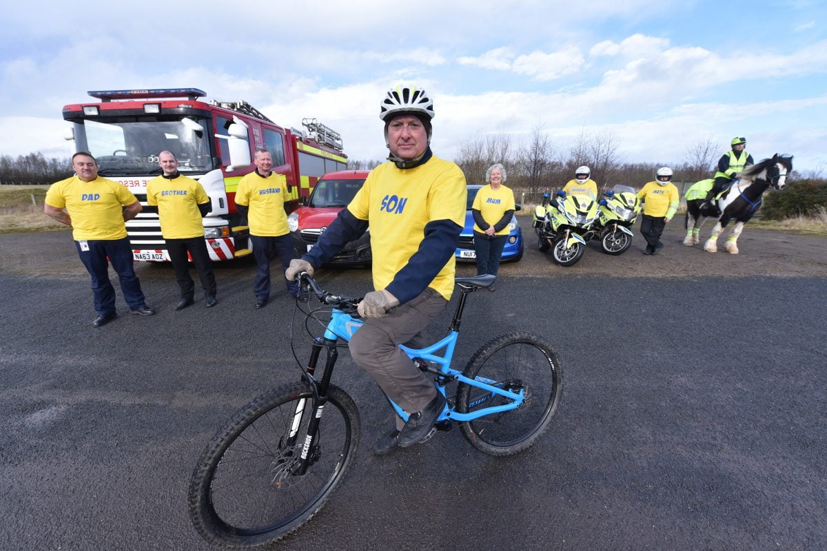 picture of people wearing yellow t-shirts on different modes of transports such as bike, car, horse.