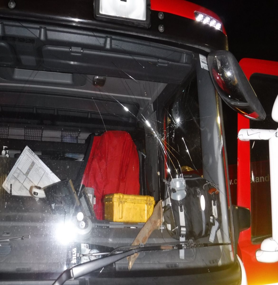 Fire engine with windscreen damaged