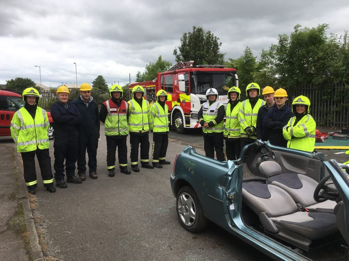 Students from TTE in uniform at a training exercise for road traffic collisions