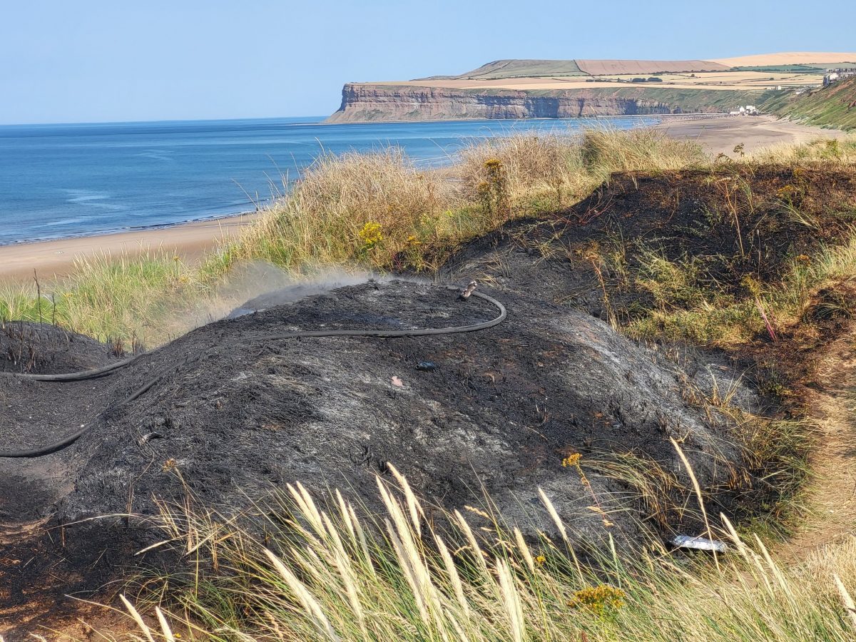 A picture of Marske beach with a burnt out bbq showing the effects of a fire