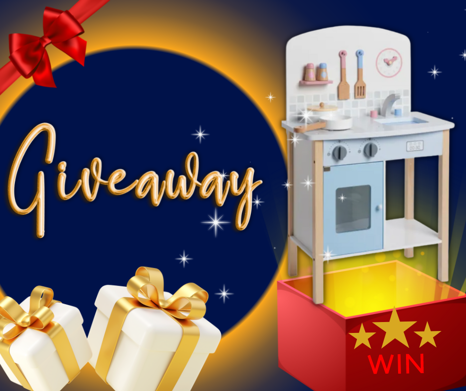 A image showing a toy kitchen which is up for grabs in a giveaway