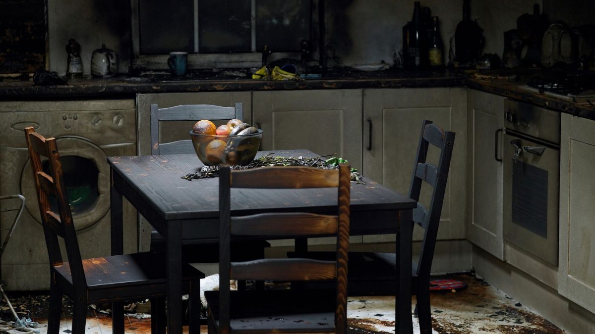 a kitchen destroyed by fire