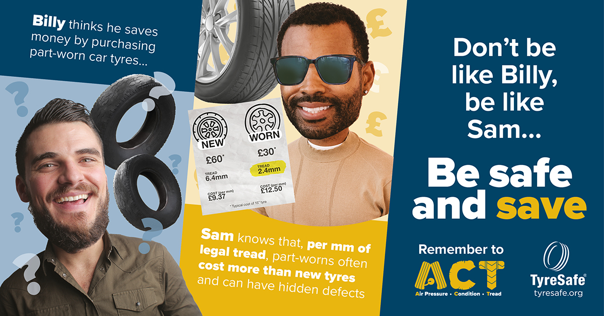 A image showing two men, one who saves money by purchasing seconds hand tyres and one who invests in new safer tyres