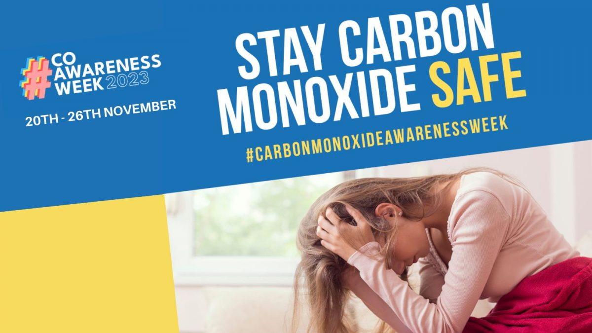 An image showing a lady with her head in her hands and the words stay carbon monoxide safe