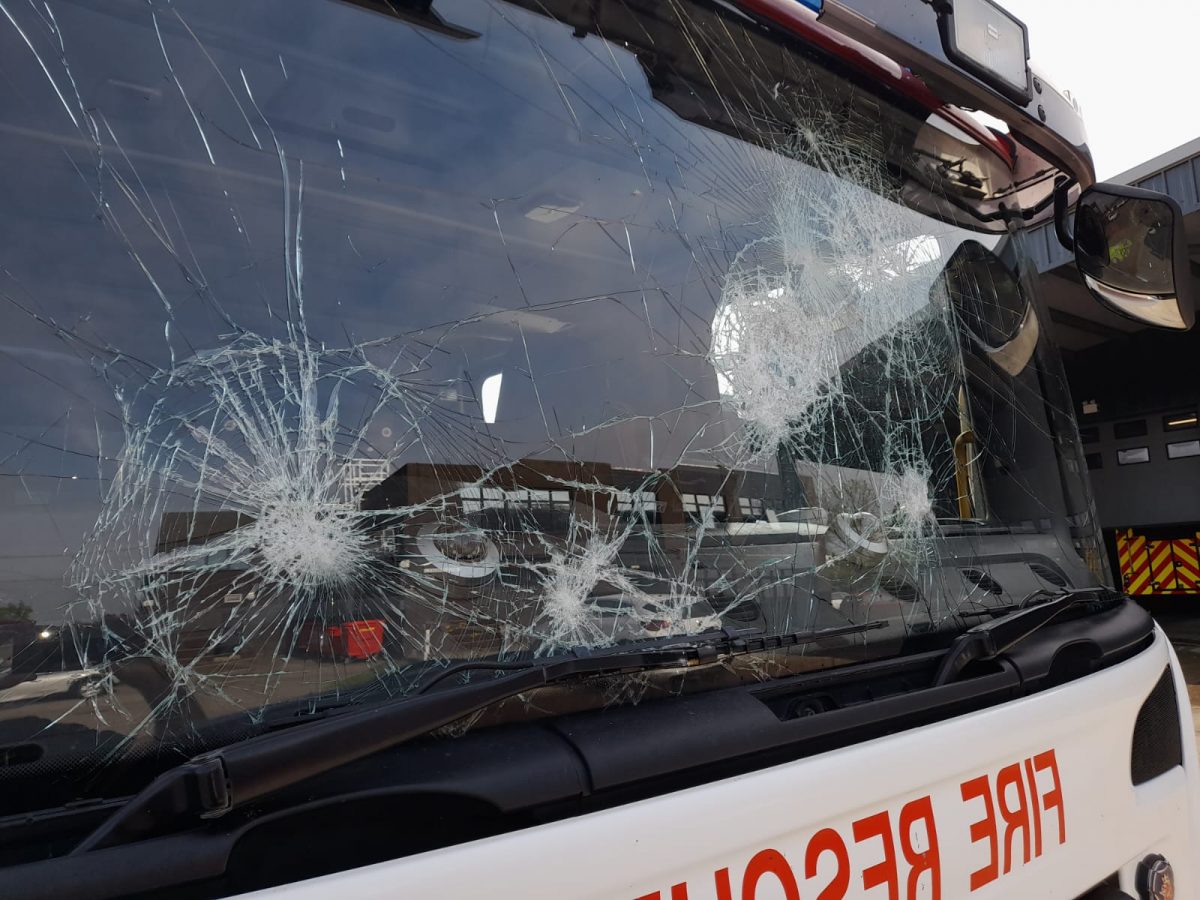 A windscreen of a fire engine smashed in several places due to violence