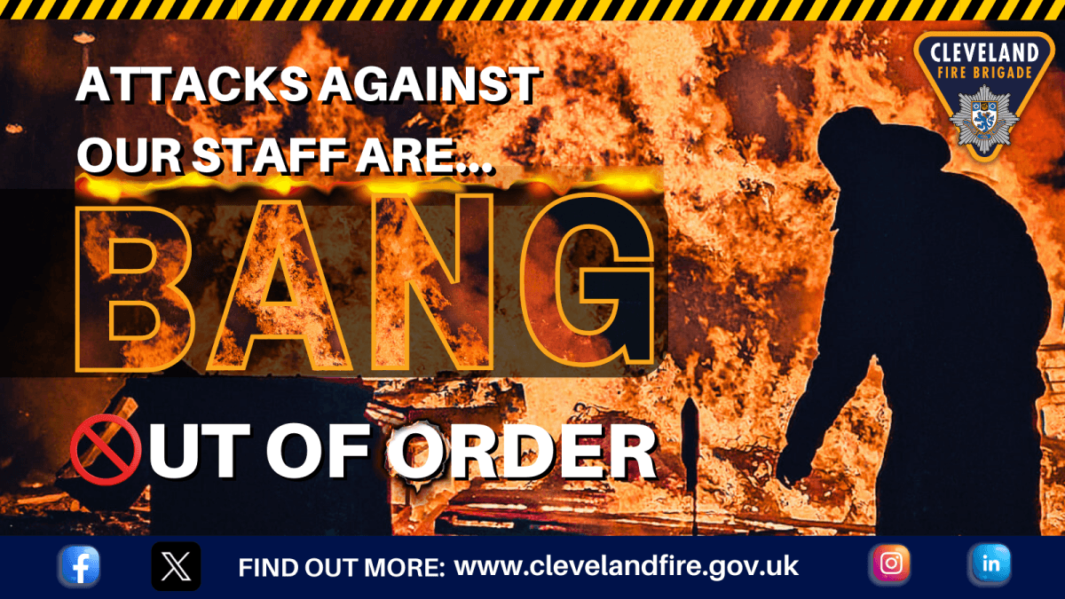 A graphic showing the silhouette of a person stood in front of a large bonfire and a whelie bin. The words attacks against our staff are bang out of order are prominent.