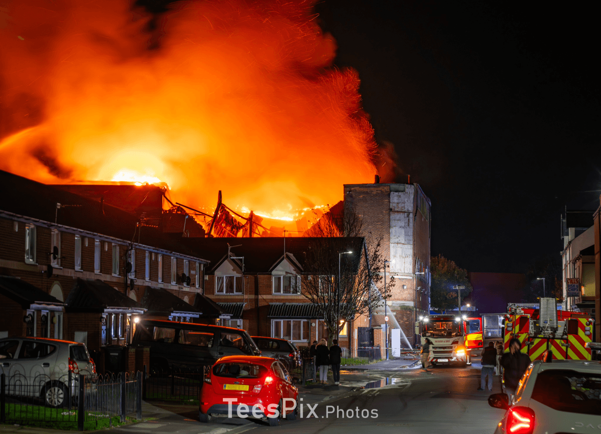 A large fire at a derelict building in Hartlepool. Can see the orange cloud of fire and smoke.