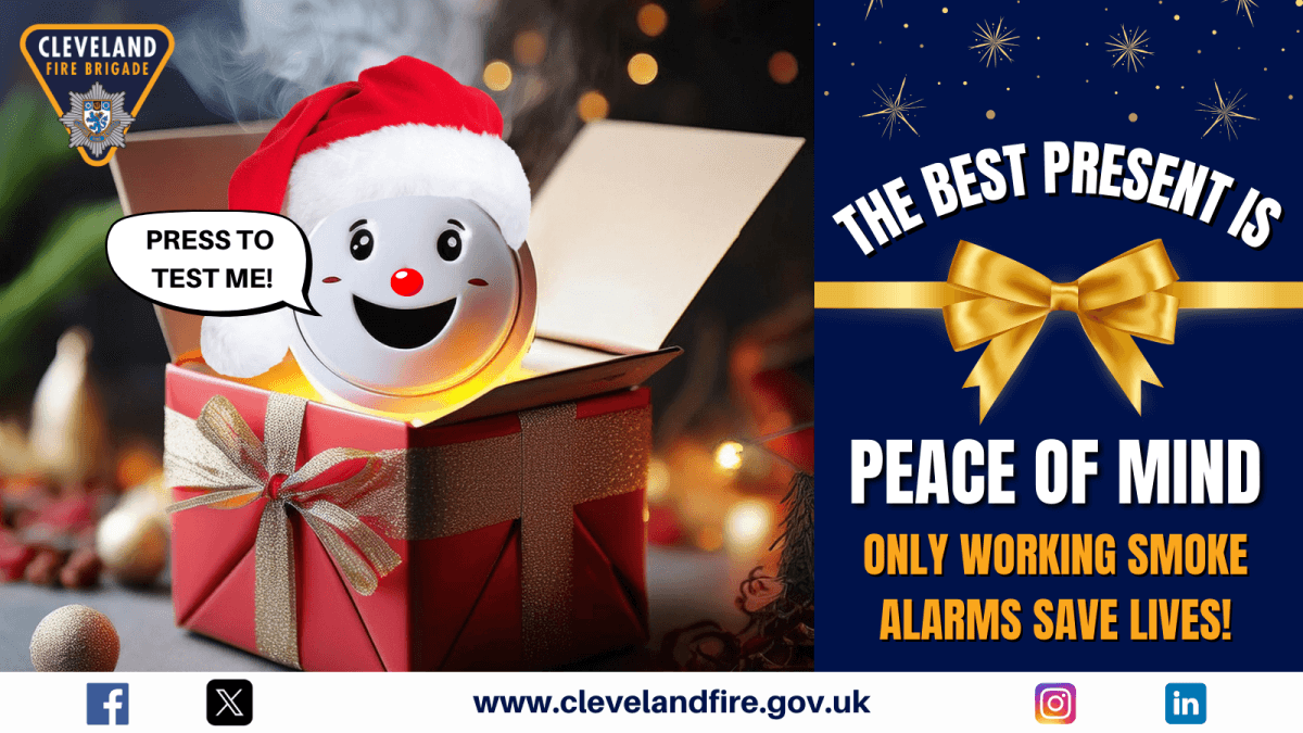 A picture showing a smoke alarm with a smiley face coming out of a present. The words press to test me are in a speech bubble. The slogan the best present is peace of mind - only working smoke alarms save lives is on the image.