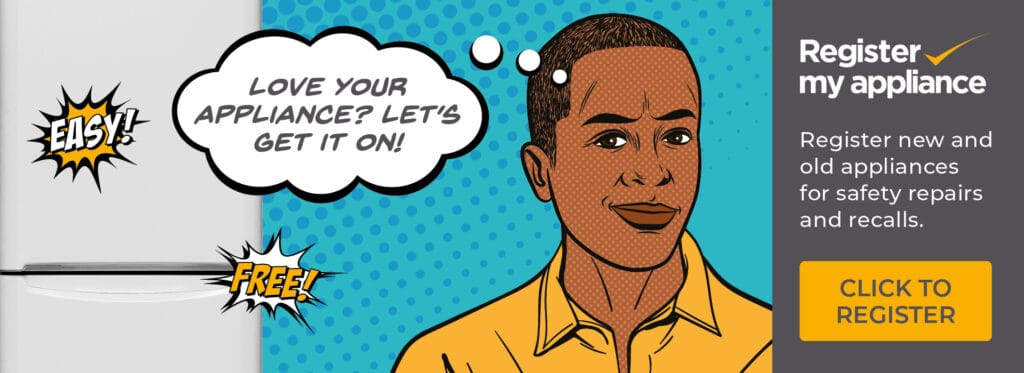 A cartoon style picture showing a man with a speech bubble that says love your appliance? Let's get it on!