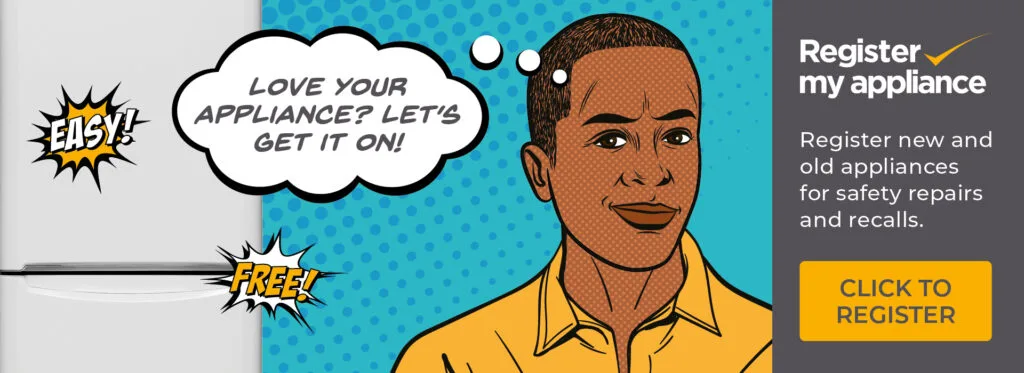 A cartoon style picture showing a man with a speech bubble that says love your appliance? Let's get it on!