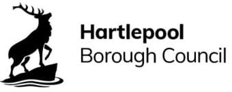 Black version of the hartlepool borough council logo, a deer on a boat looking up with the text to the right hand side